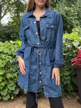 XXFashion dark wash denim trench coat/button down dress